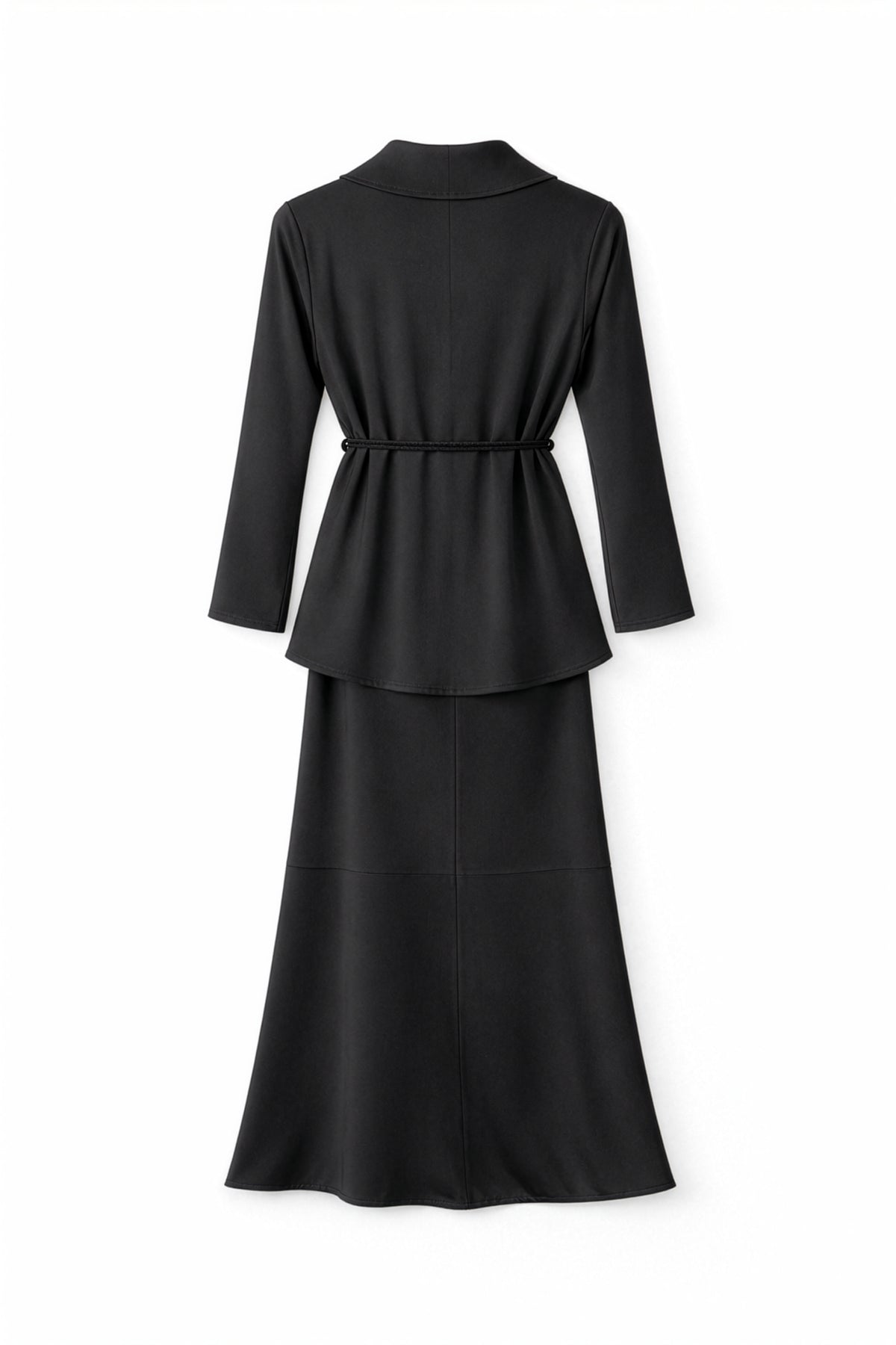VIANA Satin Layered Maxi Set – Black - satin coat and dress set - styled view