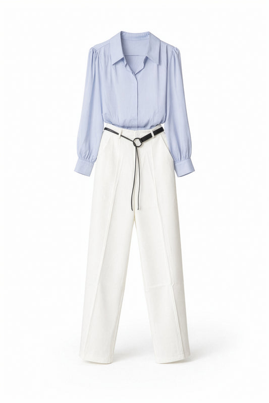 VIANA Signature Soft Set – Powder Blue & Ivory - two-piece workwear set - detail view