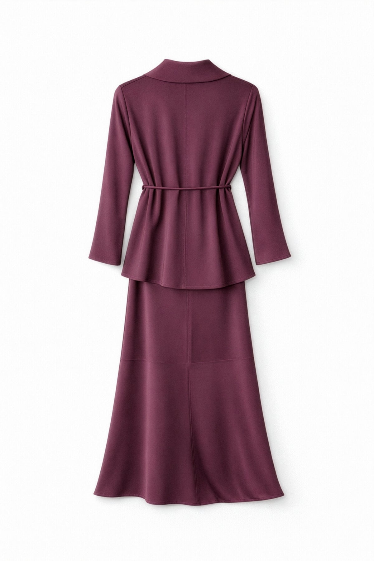 VIANA Satin Layered Maxi Set – Burgundy - satin coat and dress set - styled view
