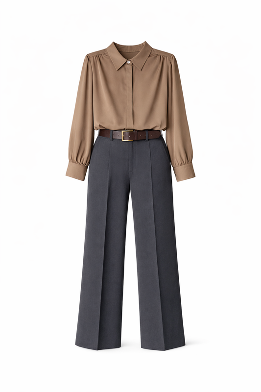 VIANA Signature Tailored Set – Taupe & Black - two-piece workwear set - detail view