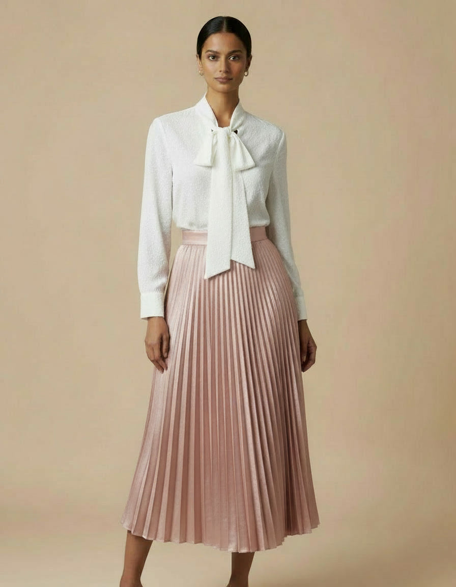VIANA Signature Pleated Skirt Set – White & Dusty Rose - pleated skirt set